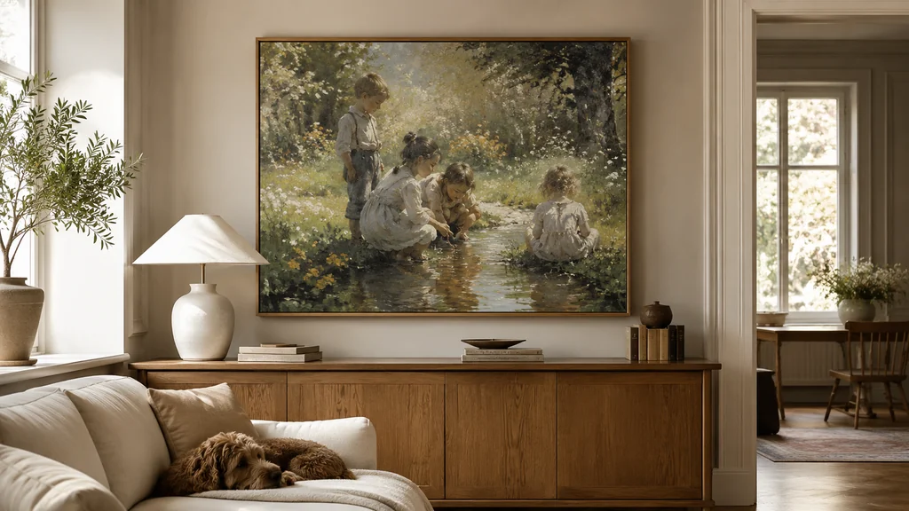Tableau peinture enfance représentant des enfants jouant près d’un ruisseau dans un salon familial lumineux