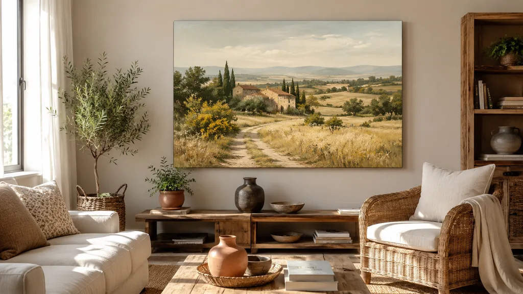 Salon chaleureux avec un tableau peinture paysage campagne représentant des champs et une maison rurale dans une décoration naturelle