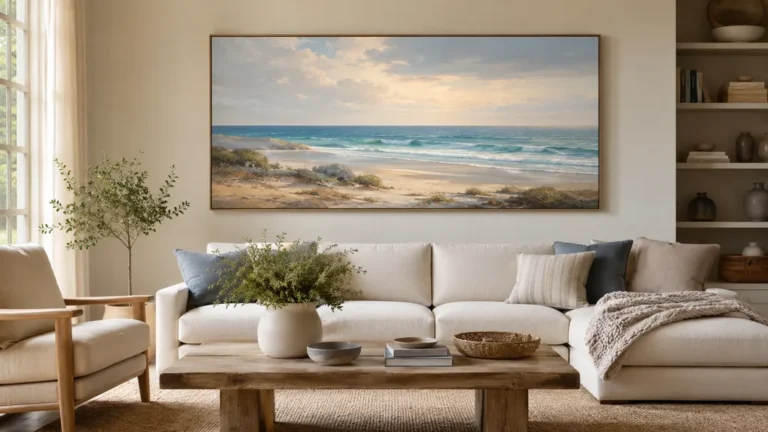 Salon lumineux décoré avec un grand tableau peinture paysage mer représentant une plage et des vagues au-dessus du canapé