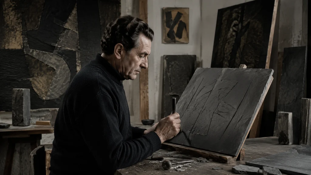 Ubac peintre travaillant une ardoise gravée dans un atelier d’art abstrait aux tons sombres.