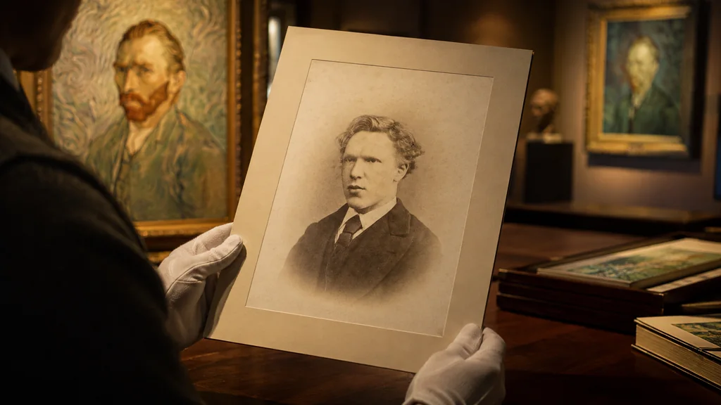 Photographie ancienne de Vincent van Gogh examinée dans un musée avec des autoportraits en arrière-plan