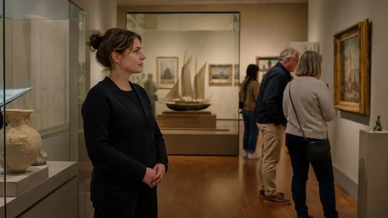 Adjointe du patrimoine assurant la surveillance et l’accueil des visiteurs dans une salle de musée