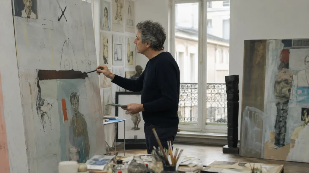 Jean-Michel Alberola travaillant sur une peinture mêlant figures, abstraction et références conceptuelles dans son atelier