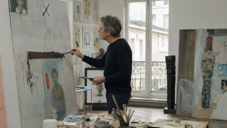 Jean-Michel Alberola travaillant sur une peinture mêlant figures, abstraction et références conceptuelles dans son atelier