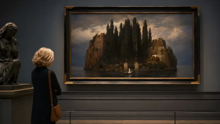 Visiteuse observant une peinture symboliste sombre évoquant l’univers de l’artiste Arnold Böcklin dans un musée