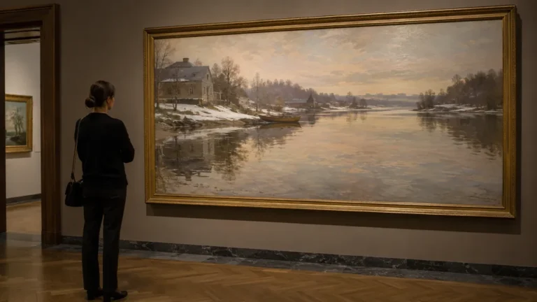 Visiteuse observant un paysage hivernal aux reflets sur l’eau évoquant la peinture de Frits Thaulow