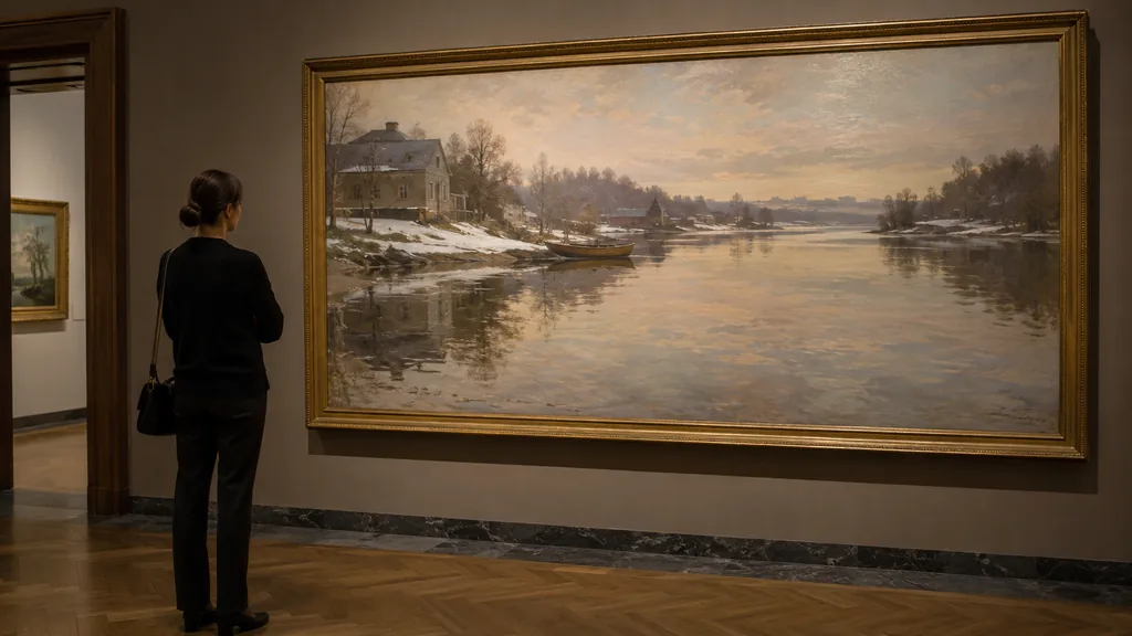 Visiteuse observant un paysage hivernal aux reflets sur l’eau évoquant la peinture de Frits Thaulow
