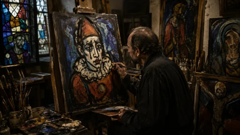 Peintre travaillant sur un portrait de clown aux contours noirs épais inspiré de l’artiste Georges Rouault.