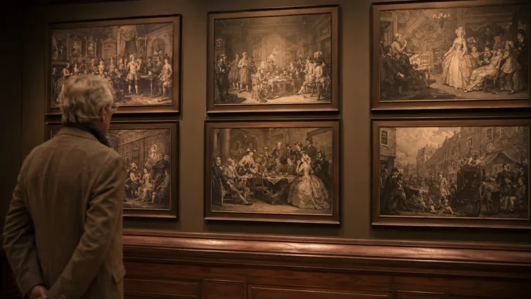 Visiteur observant une série de gravures satiriques évoquant l’univers narratif de William Hogarth dans un musée