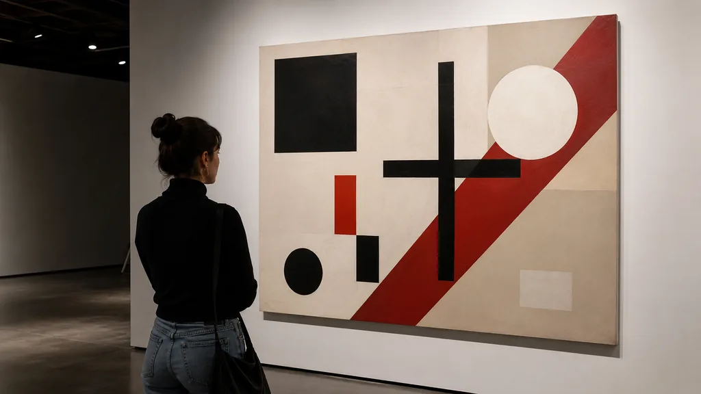 Visiteuse contemplant une composition géométrique suprématiste évoquant l’œuvre de Kazimir Malevich