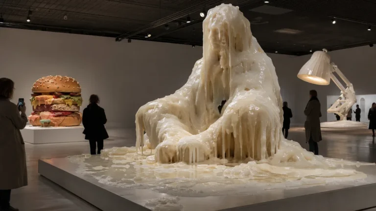 Installation monumentale en cire fondante inspirée de l’artiste Urs Fischer dans une galerie d’art contemporain.