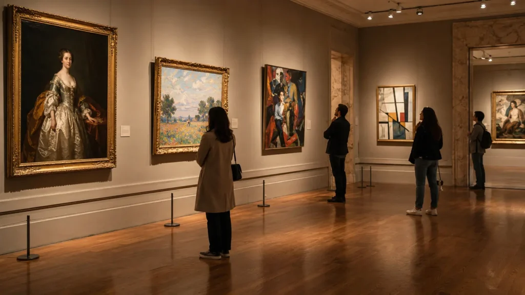 Visiteurs découvrant des tableaux de grands artistes peintres connus dans une galerie d’art
