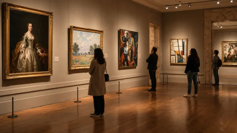 Visiteurs découvrant des tableaux de grands artistes peintres connus dans une galerie d’art