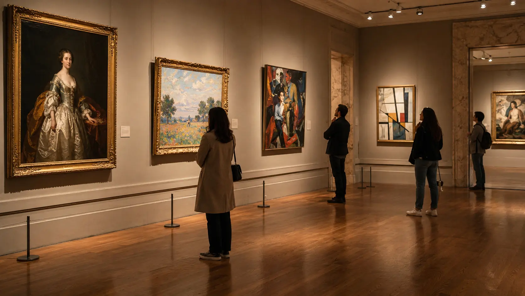 Visiteurs découvrant des tableaux de grands artistes peintres connus dans une galerie d’art