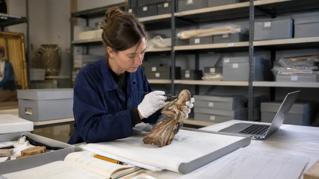 Attachée de conservation du patrimoine examinant une sculpture ancienne dans les réserves d’un musée
