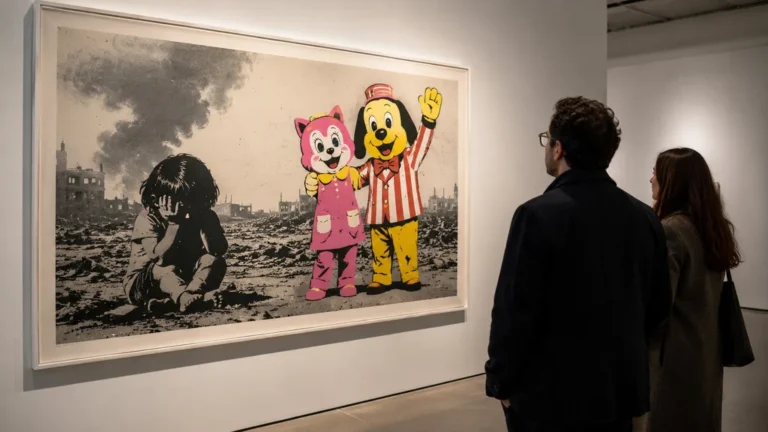 Visiteurs observant une œuvre engagée mêlant image de guerre et personnages publicitaires évoquant Napalm de Banksy