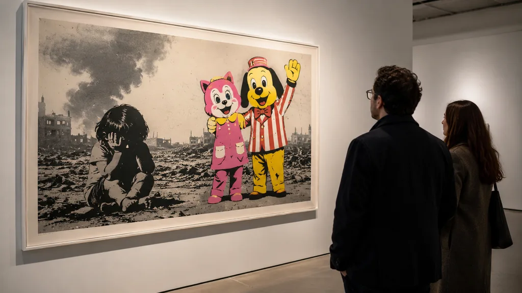 Visiteurs observant une œuvre engagée mêlant image de guerre et personnages publicitaires évoquant Napalm de Banksy