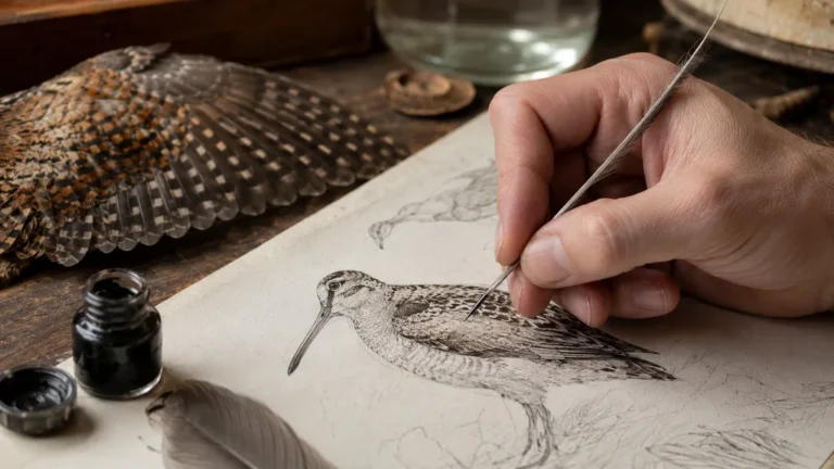 Artiste utilisant une plume du peintre de bécasse pour réaliser un dessin naturaliste précis.