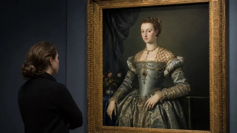 Visiteuse contemplant un portrait aristocratique maniériste évoquant le style raffiné de Bronzino dans un musée