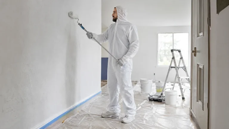 Peintre portant une combinaison de peintre blanche pendant des travaux de peinture au rouleau.