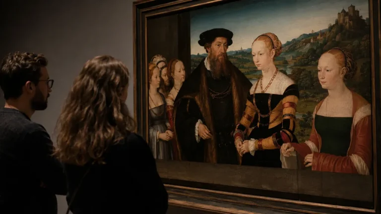 Visiteurs observant une peinture de la Renaissance allemande évoquant l’univers de Lucas Cranach l’Ancien