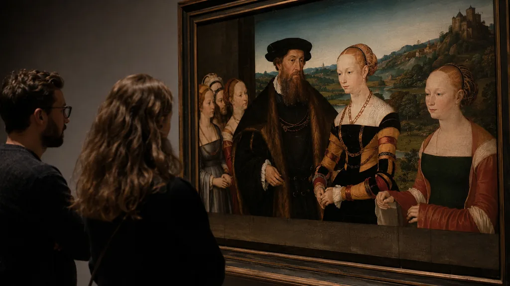 Visiteurs observant une peinture de la Renaissance allemande évoquant l’univers de Lucas Cranach l’Ancien