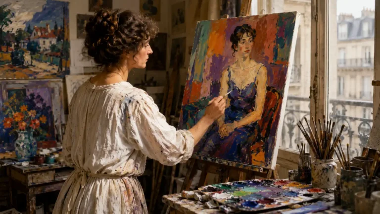 Émilie Charmy peignant un portrait aux couleurs intenses dans son atelier parisien