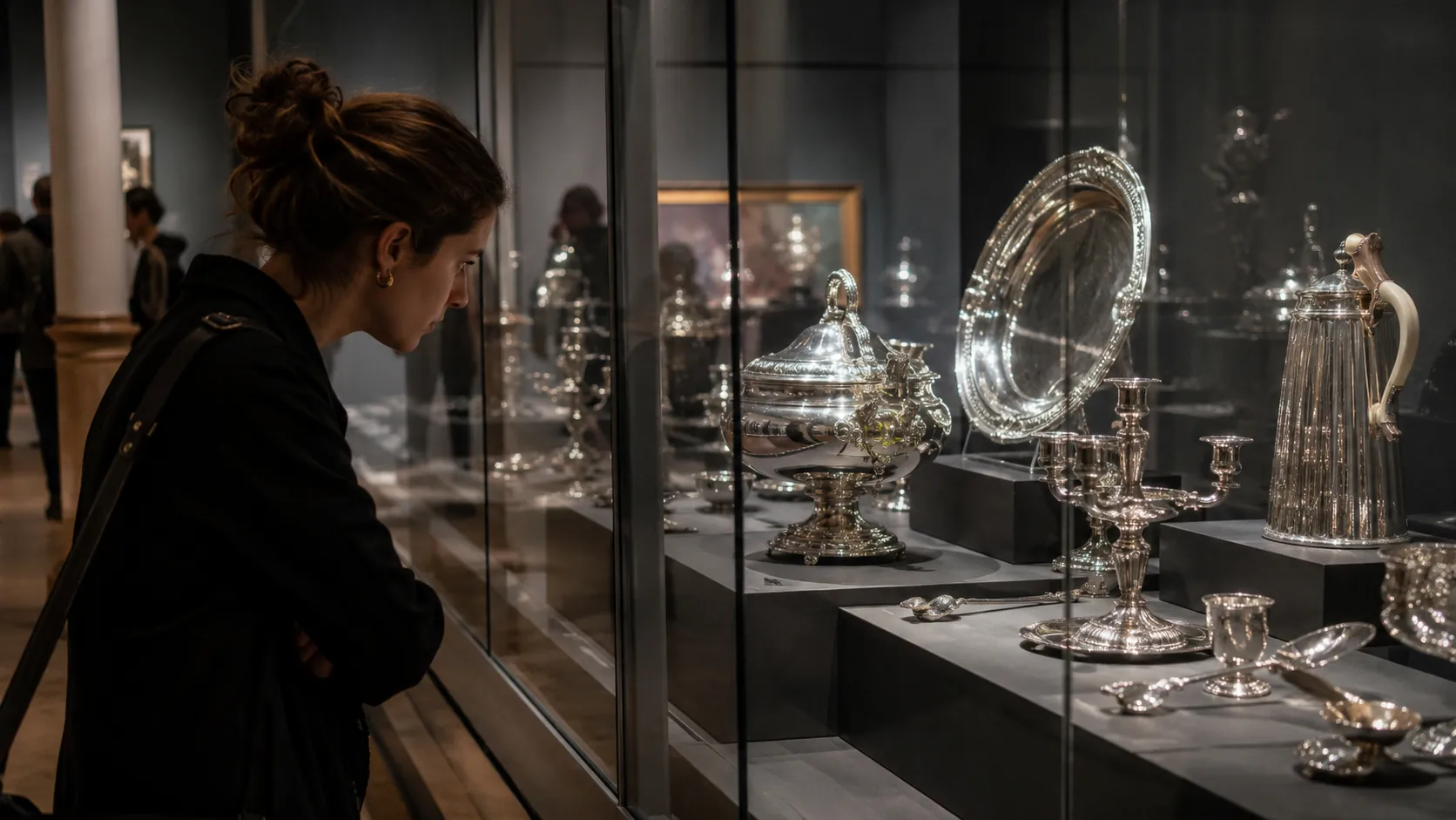 Visiteuse observant des pièces d’orfèvrerie argentée lors de l’exposition Christofle au Musée des Arts décoratifs