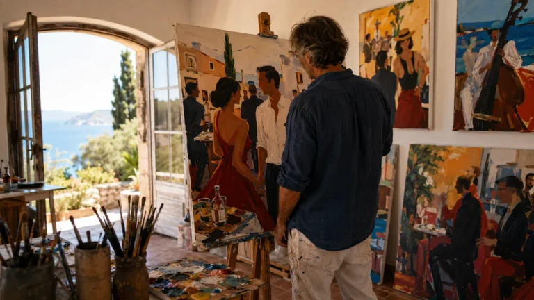 Peintre dans un atelier méditerranéen réalisant une toile figurative inspirée de l’univers de Pierre Farel