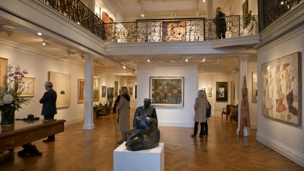 Vue intérieure élégante de la Galerie Gradiva à Paris avec peintures modernes et sculptures