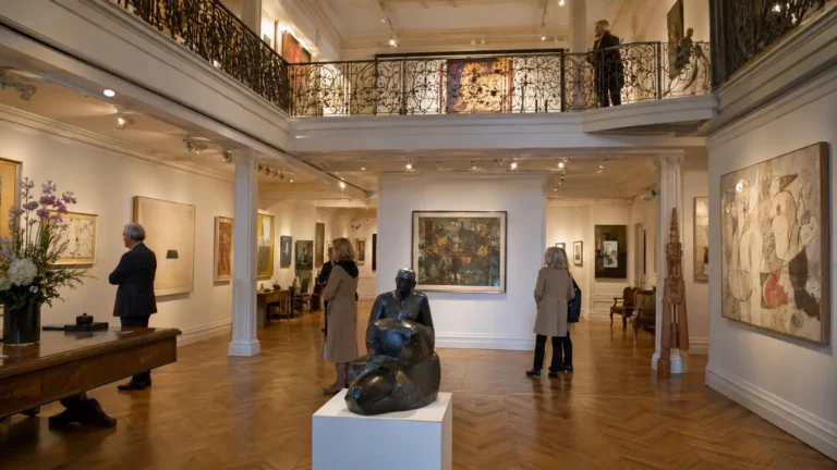 Vue intérieure élégante de la Galerie Gradiva à Paris avec peintures modernes et sculptures