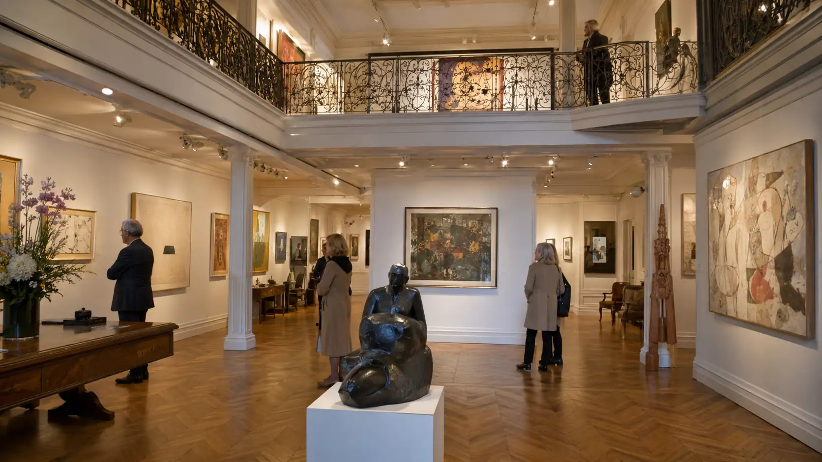 Vue intérieure élégante de la Galerie Gradiva à Paris avec peintures modernes et sculptures