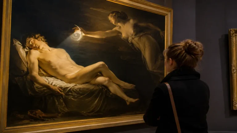 Visiteuse contemplant une scène mythologique en clair-obscur évoquant la peinture d’Anne-Louis Girodet