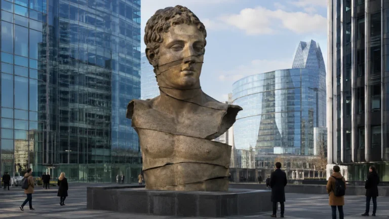 Sculpture monumentale fragmentée inspirée d’Igor Mitoraj au milieu des tours modernes de La Défense.