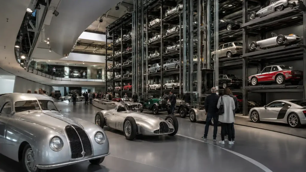 Visiteurs découvrant des voitures anciennes et de compétition à l’Audi museum mobile d’Ingolstadt