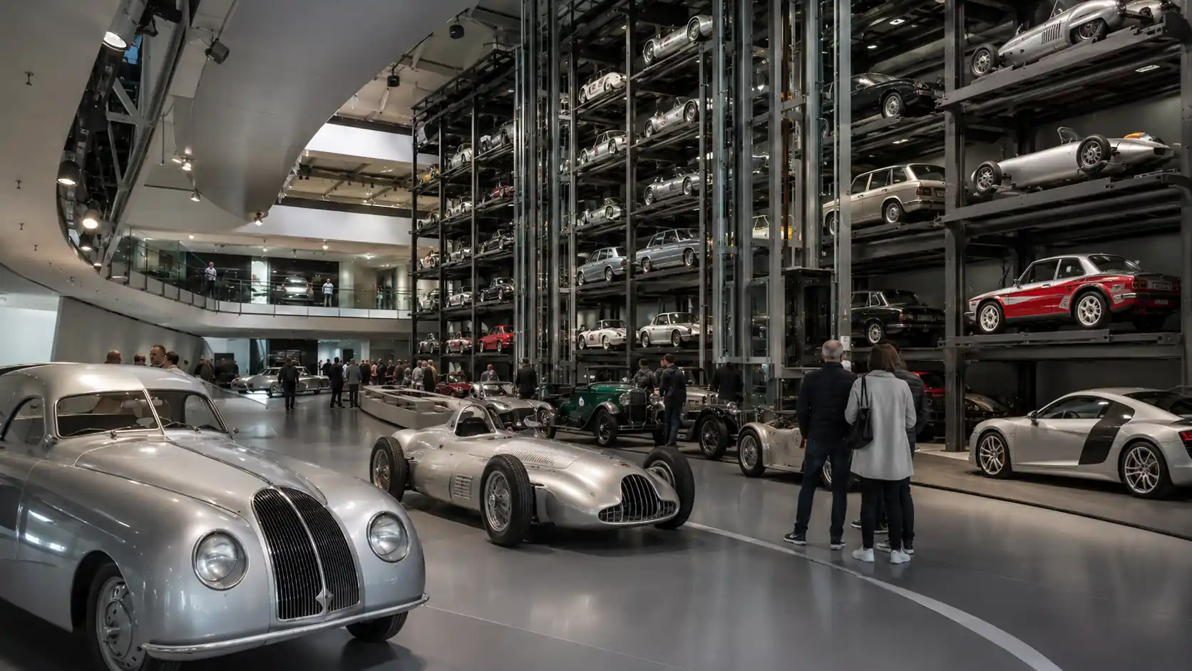 Visiteurs découvrant des voitures anciennes et de compétition à l’Audi museum mobile d’Ingolstadt