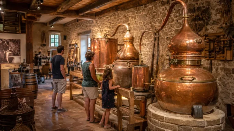 Famille visitant le Musée de l’Alambic en Ardèche au milieu de grands alambics traditionnels en cuivre