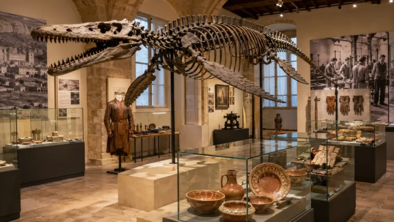 Squelette d’élasmosaure et céramiques anciennes exposés dans une salle du Musée de Millau