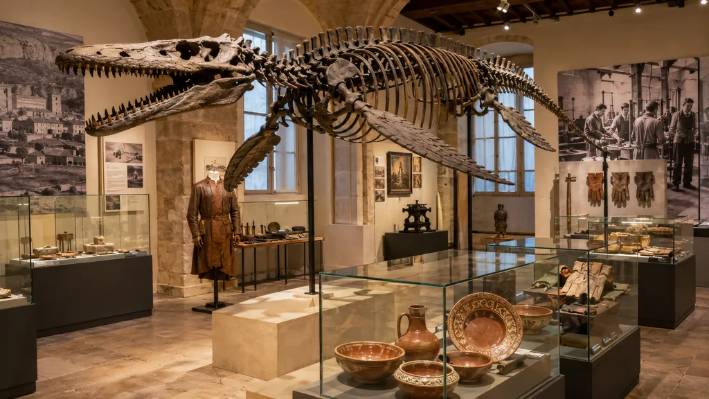 Squelette d’élasmosaure et céramiques anciennes exposés dans une salle du Musée de Millau