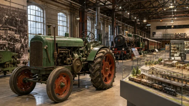 Ancien tracteur Société Française Vierzon exposé dans le musée industriel de Vierzon avec une locomotive et des maquettes ferroviaires