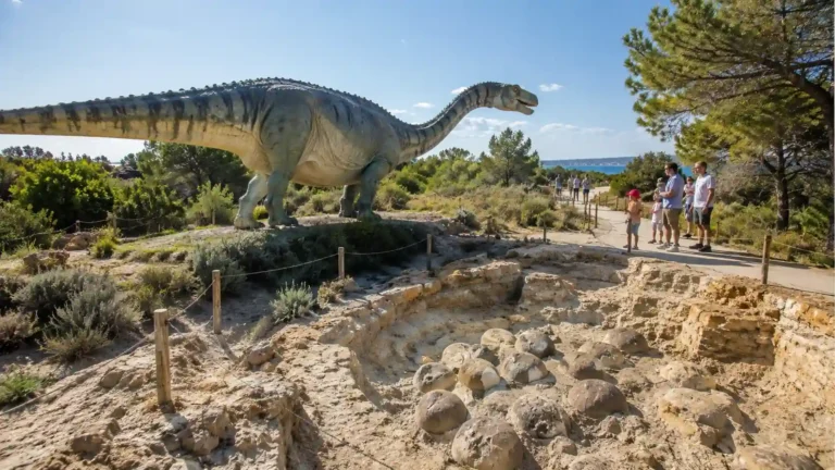 Parcours en plein air du musée des dinosaures de Mèze avec reconstitution grandeur nature et zone de fossiles
