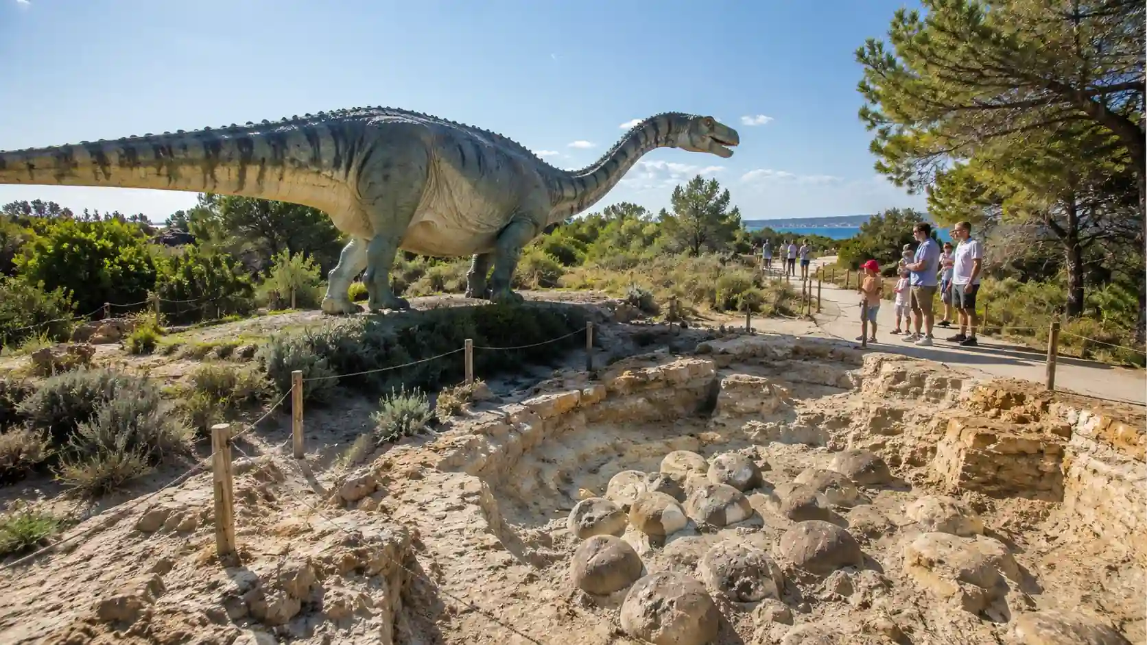 Parcours en plein air du musée des dinosaures de Mèze avec reconstitution grandeur nature et zone de fossiles