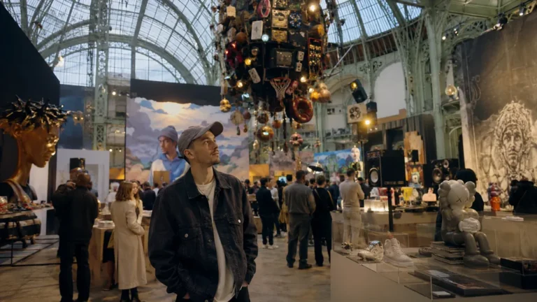 Visiteur découvrant une exposition immersive d’art contemporain sous la grande verrière du Grand Palais à Paris.