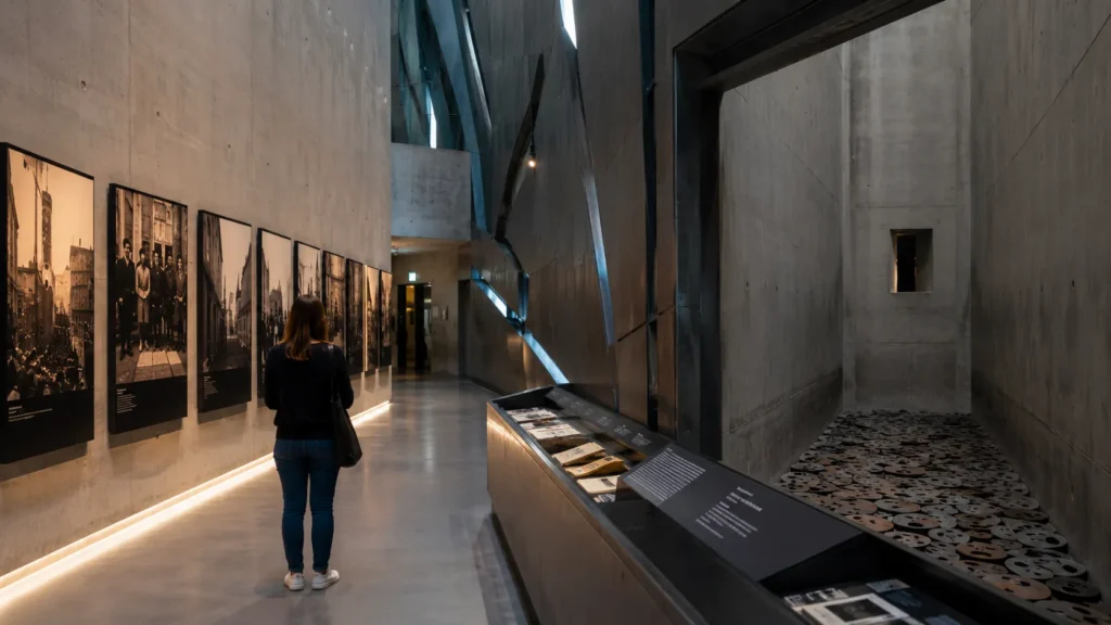 Visiteuse découvrant l’exposition permanente dans l’architecture moderne du Musée juif de Berlin
