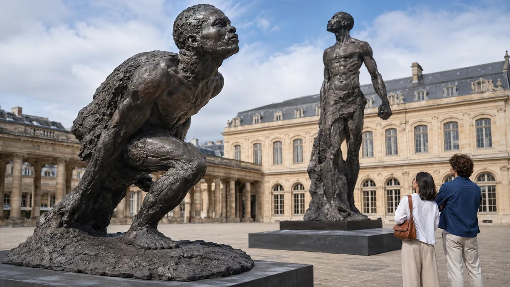 Visiteurs observant des sculptures monumentales aux figures humaines puissantes évoquant l’œuvre d’Ousmane Sow