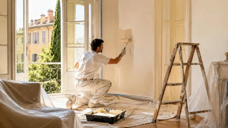 Artisan peintre à Aix-en-Provence appliquant une peinture claire dans un appartement lumineux