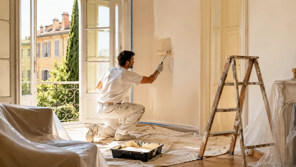 Artisan peintre à Aix-en-Provence appliquant une peinture claire dans un appartement lumineux