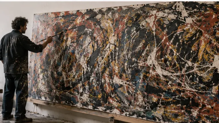 Peintre moderne abstrait travaillant sur une grande toile colorée dans son atelier