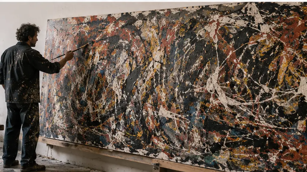 Peintre moderne abstrait travaillant sur une grande toile colorée dans son atelier