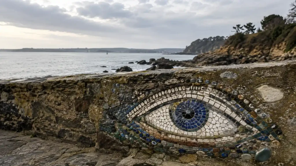 Œil en mosaïque de Pierre Chanteau installé sur un mur du littoral breton face à la mer